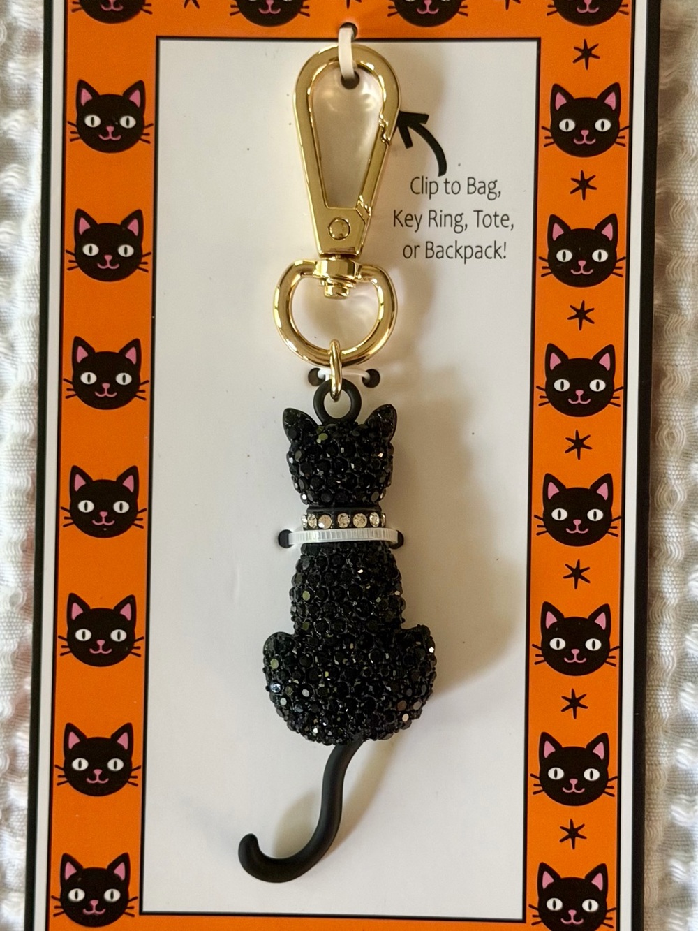 Halloween Black Cat Glass Crystal Bag Charm Purse Backpack Key Ring Moving Tail - Picture 2 of 7